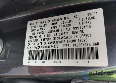 2011 Honda Accord 3.5 Ex-L from USA, damaged, VIN 1HGCP3F81BA024670